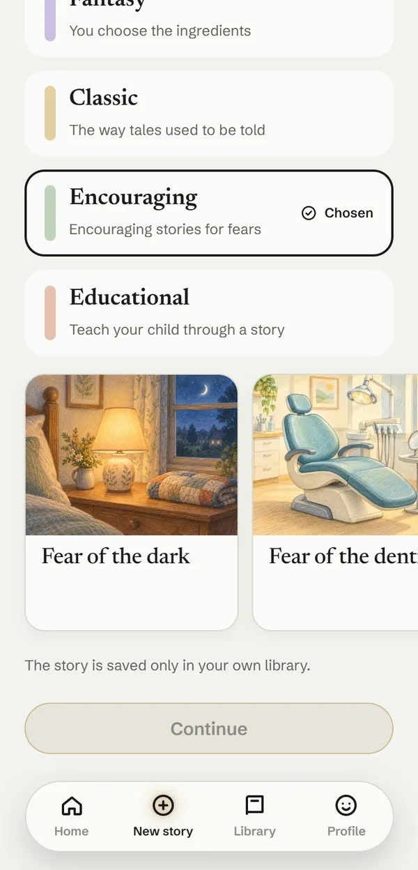 Hushspun on a phone: encouraging story topics such as fear of the dark and the dentist