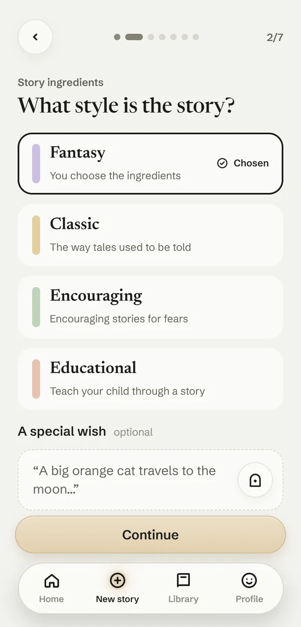 Hushspun on a phone: choosing the kind of story, fantasy, classic, encouraging or educational