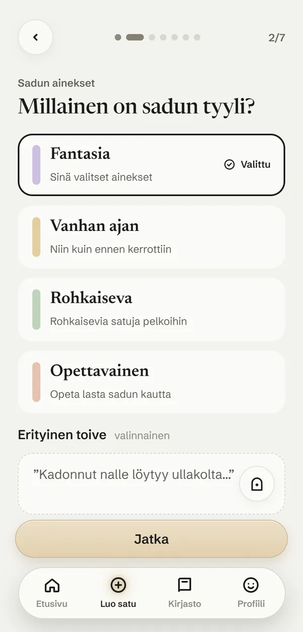 Satukone puhelimessa: valitaan sadun tyyli, fantasia, vanhan ajan satu, rohkaiseva tai opettavainen